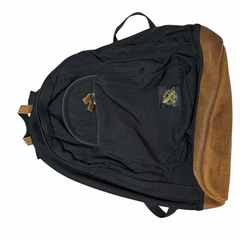 Vintage 90s Eddie Bauer Black Canvas Backpack with Suede Leather Bottom